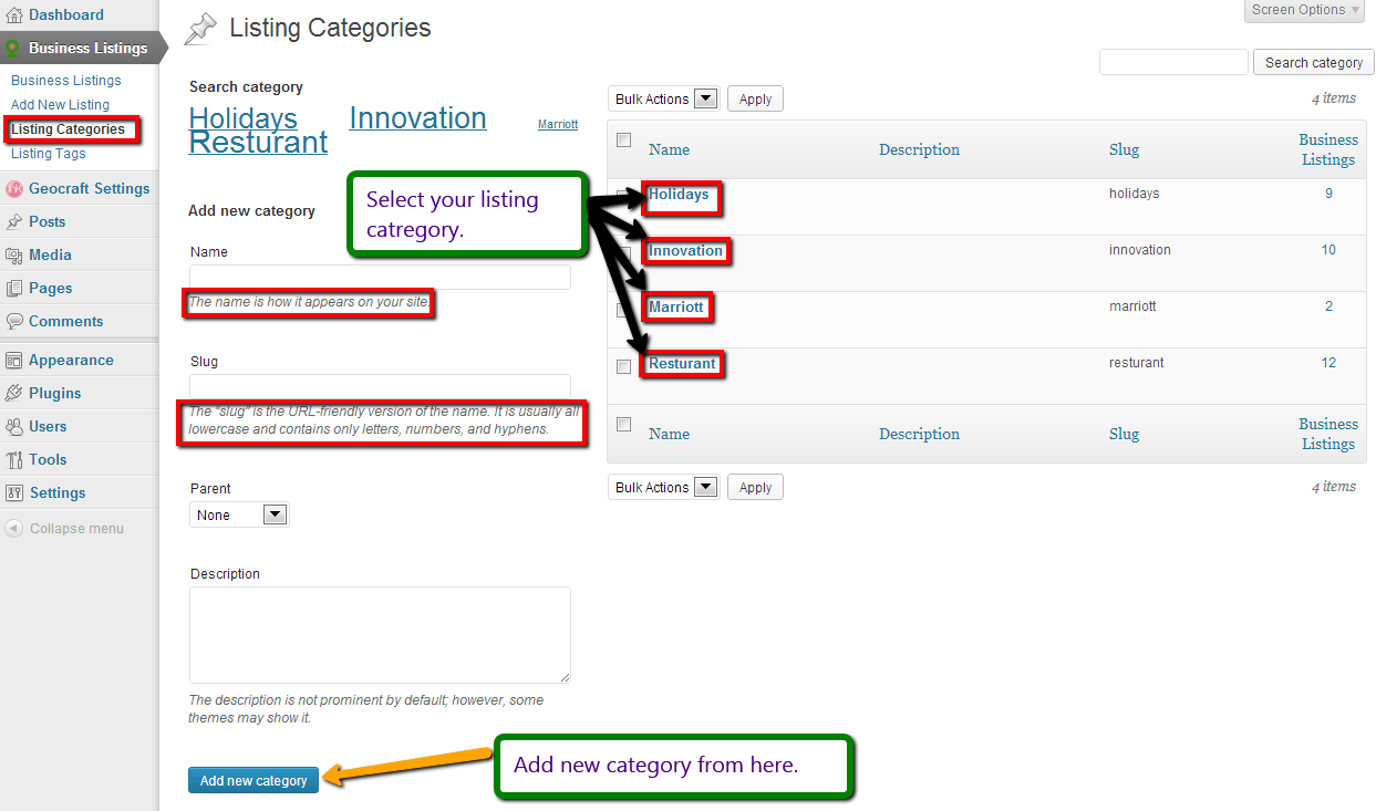 Directory Listing Categories customization