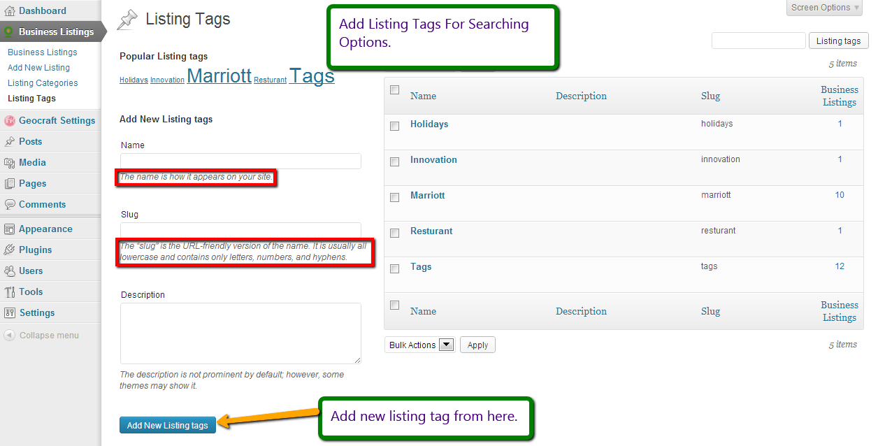 Listing Tags