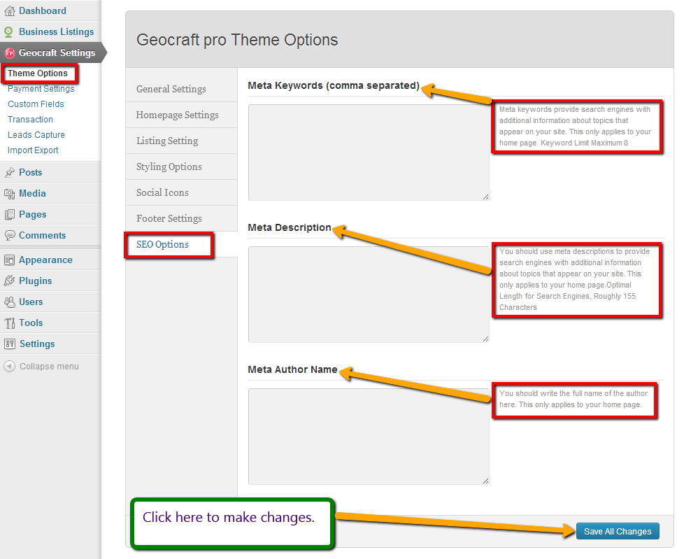 SEO options customization