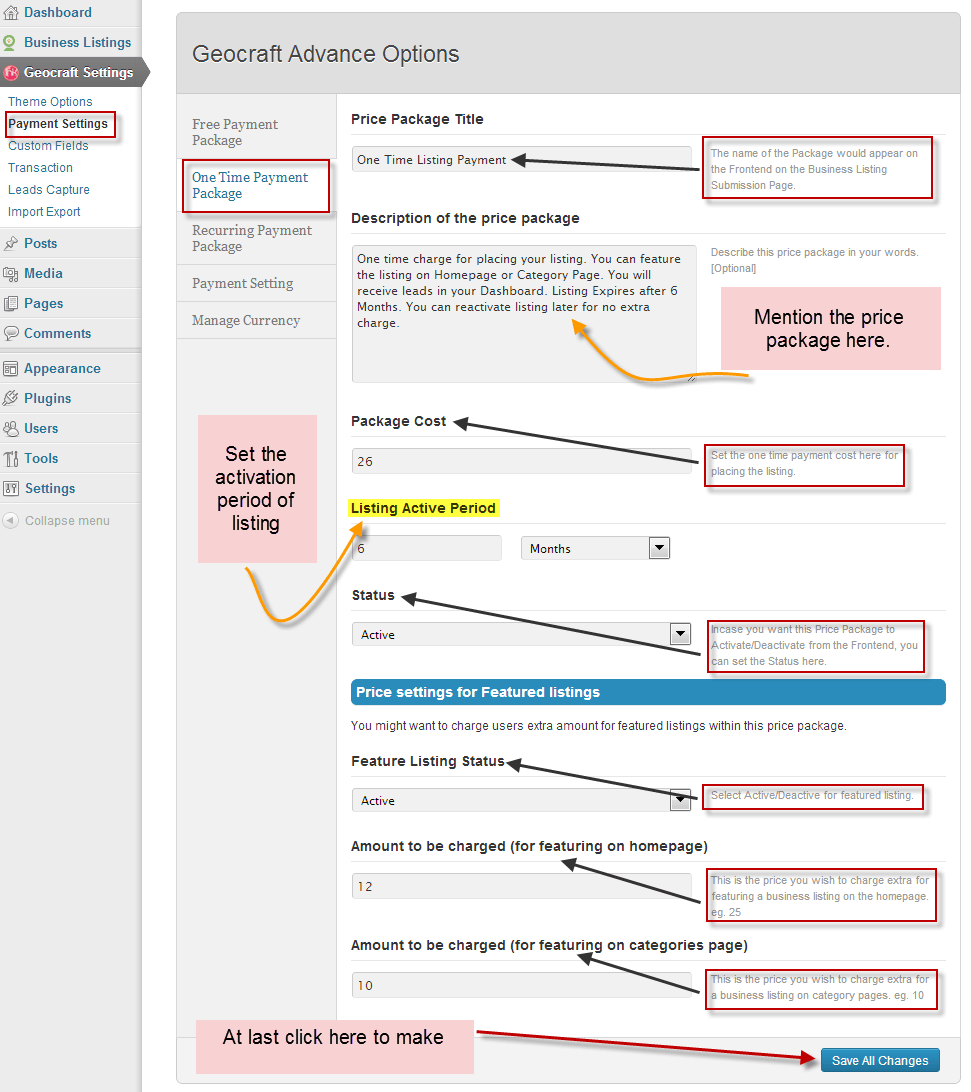 One time payment package