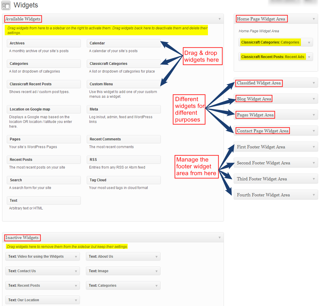 Widgets area of classicraft