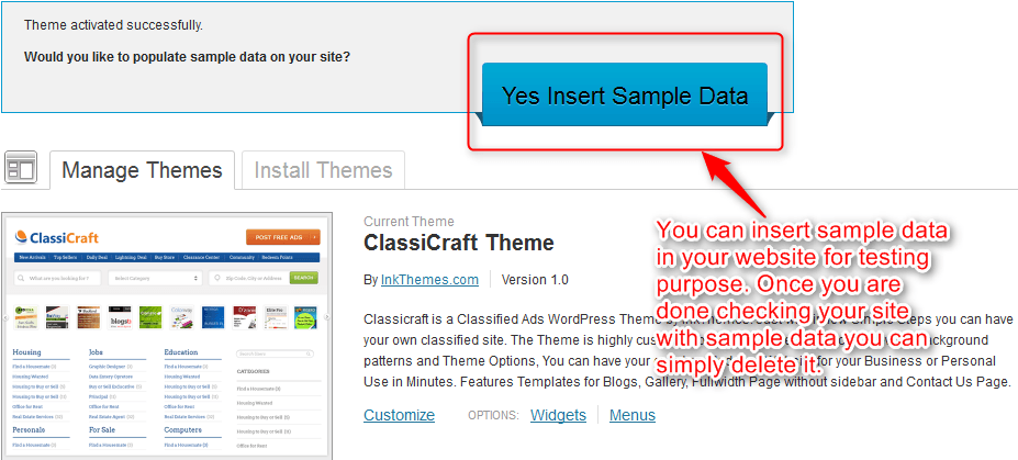 insert sample data option