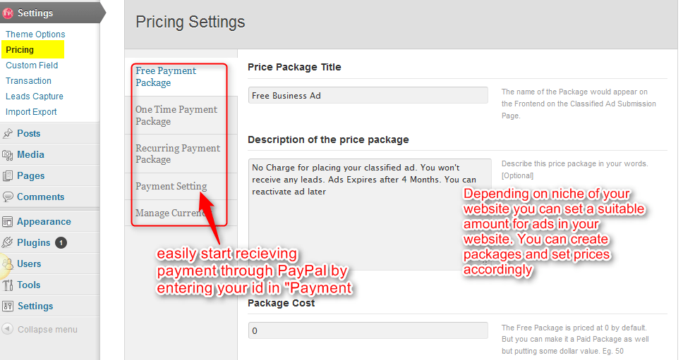 pricing settings