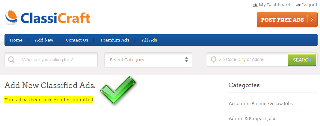 Classified ads created successfully