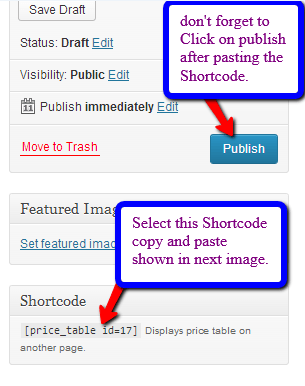 pricing table custom shortcode