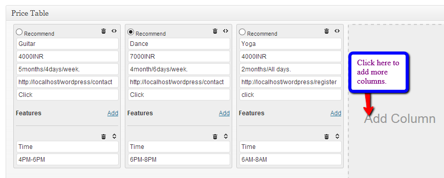 pricing table settings