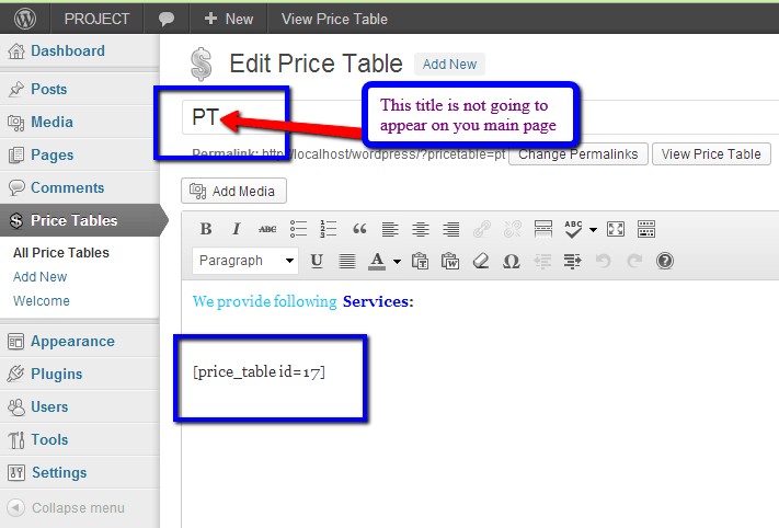 pricing table id on page