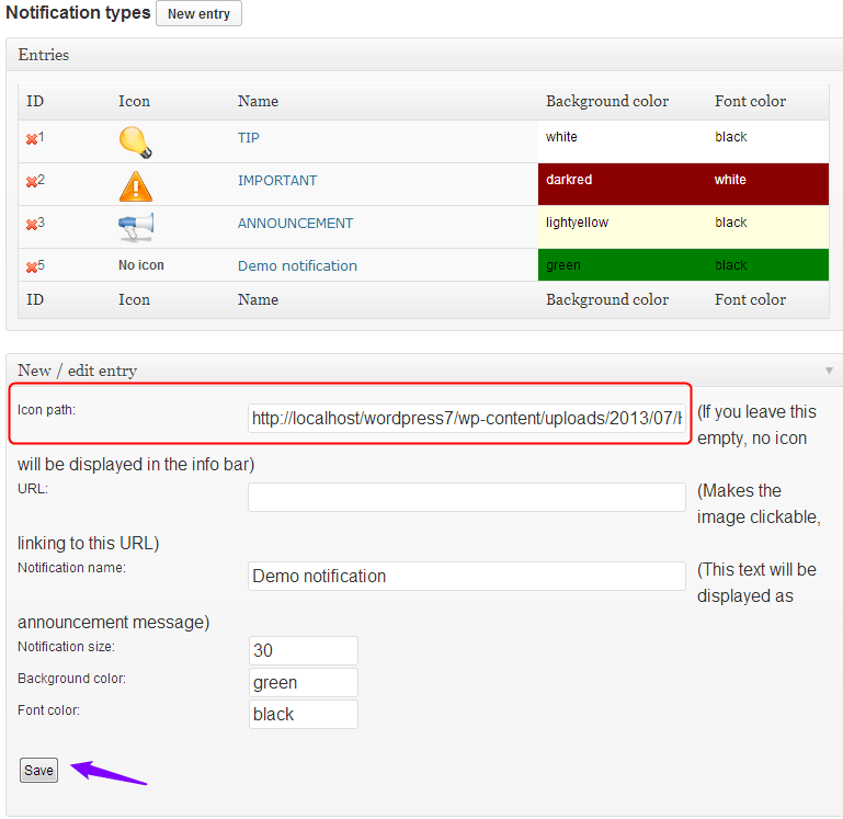 inserting Infobar File url icon 