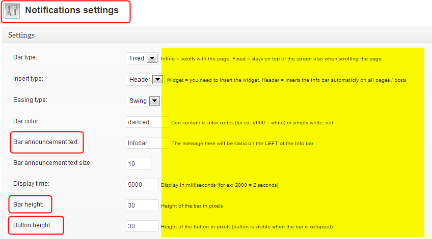 settings in Infobar