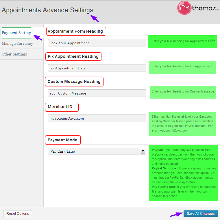 ink appointment payment setting