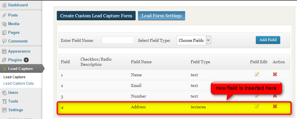 new field inserted into a form