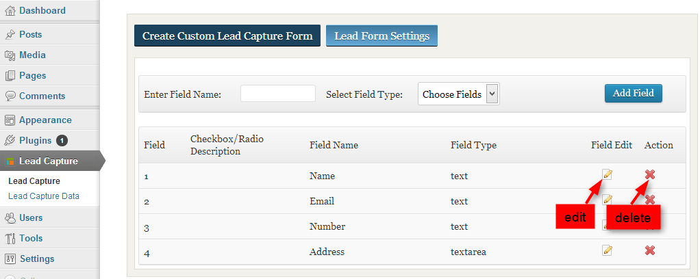 edit/delete lead capture form field