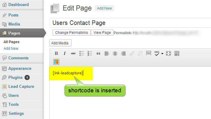 shortcode inserted in a page