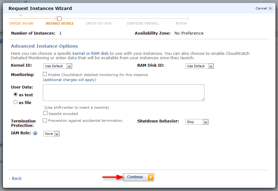 go to continue with default instance details