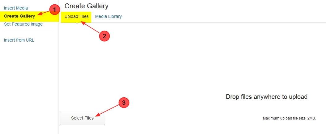 step to upload files in a gallery page