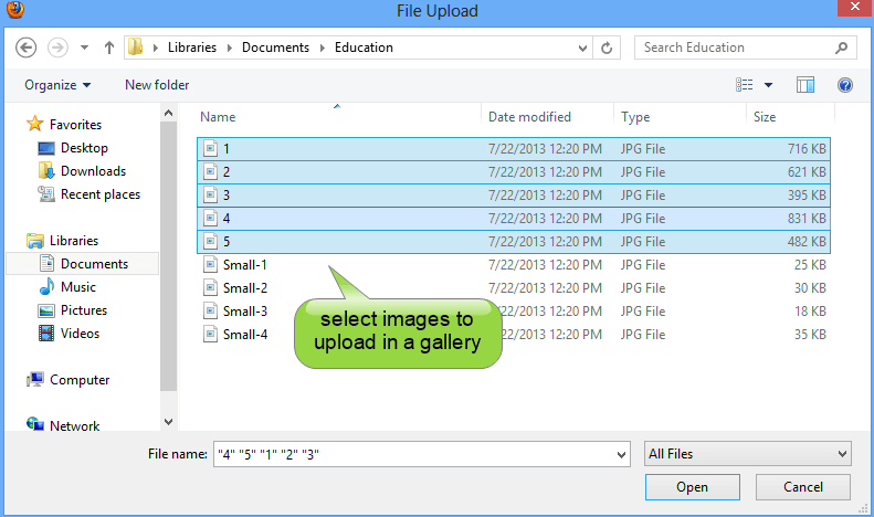 select images to upload in a gallery files