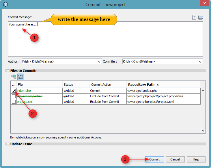 step to write commit message