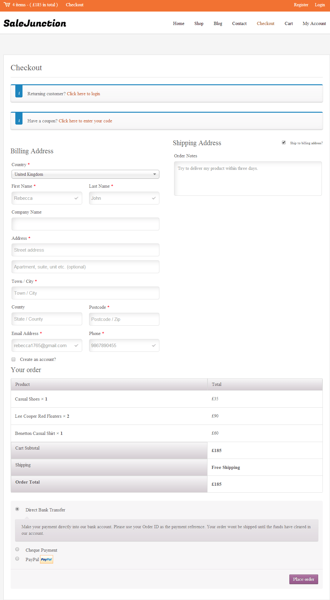 Salejunction Checkout page view