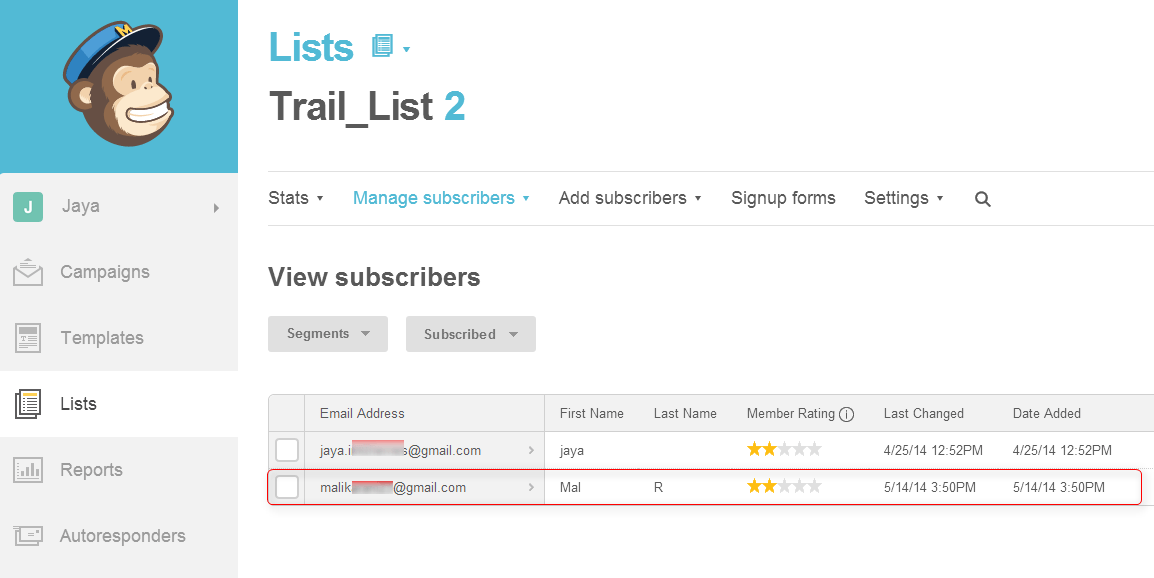 subscriber data on dashboard