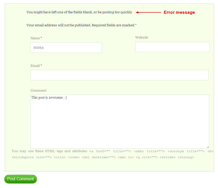 error message in comment form
