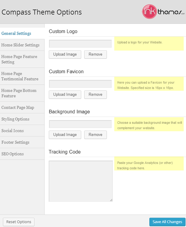 Various functions of the Theme Options Panel