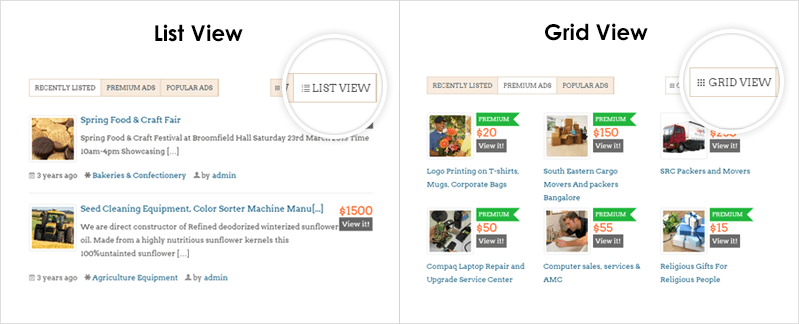 list view and grid view of classified ads