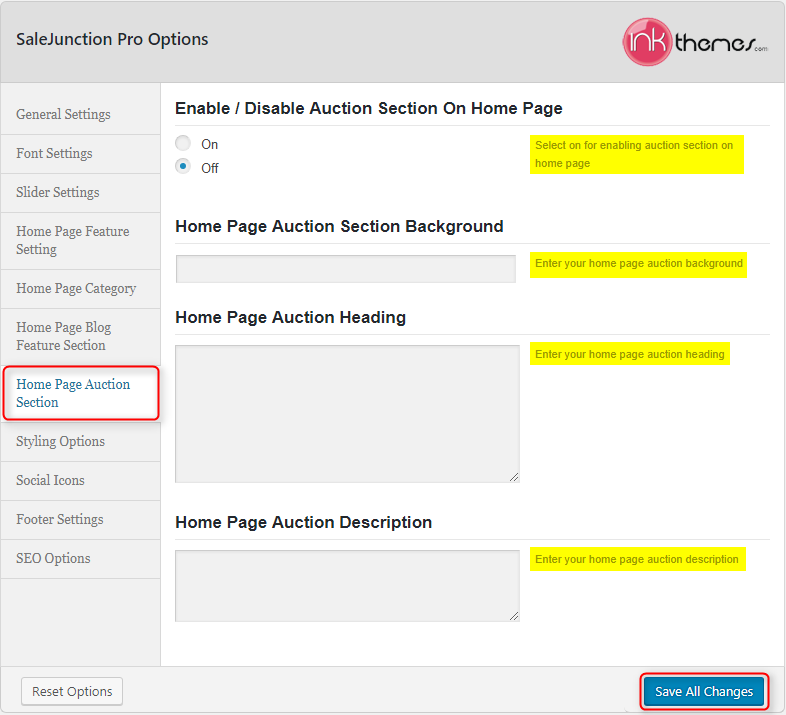 Home Page Auction Setting