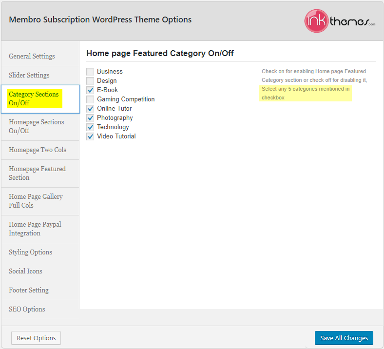 Membro_Theme Options_Category Sections On-Off