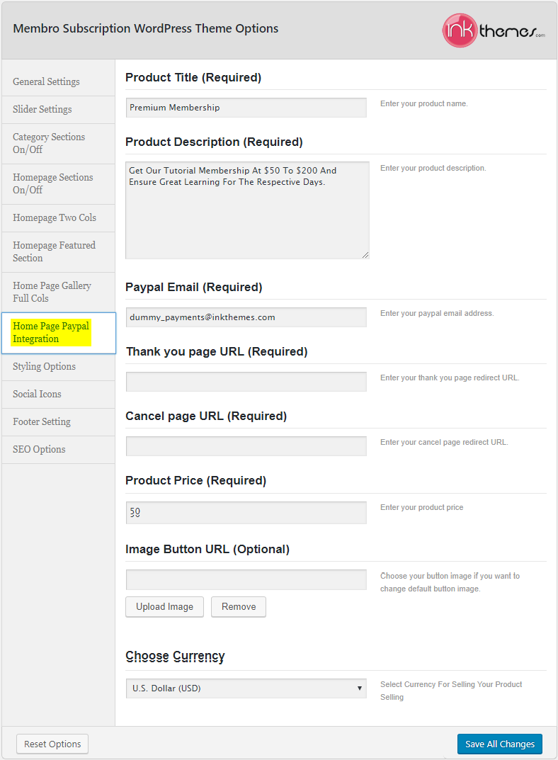 Membro_Theme Options_Homepage PayPal Integration