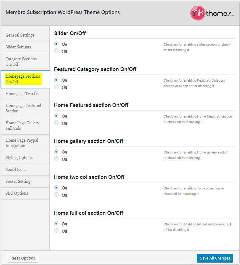 Membro_Theme Options_Homepage Sections On-Off
