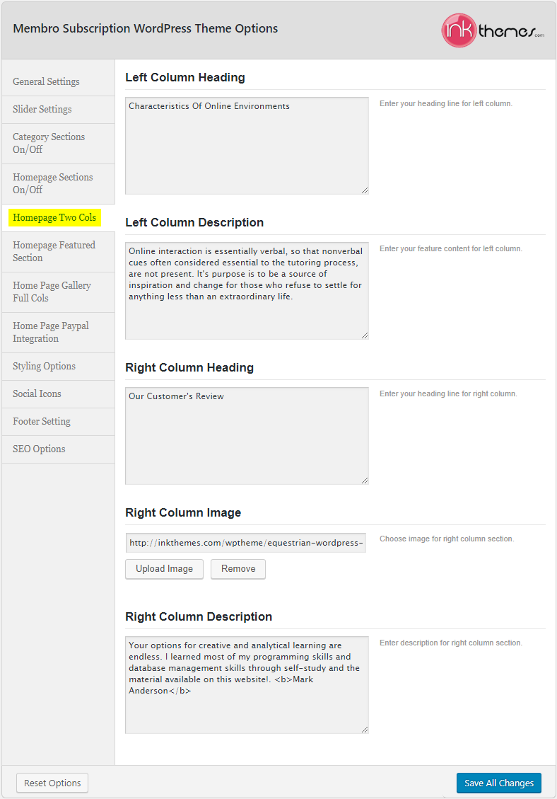 Membro_Theme Options_Homepage Two Cols